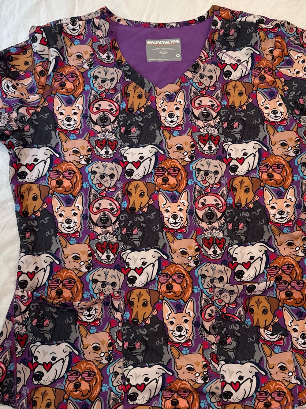 Skechers Purple Multi Dog Faces Printed Pet Scrub Top